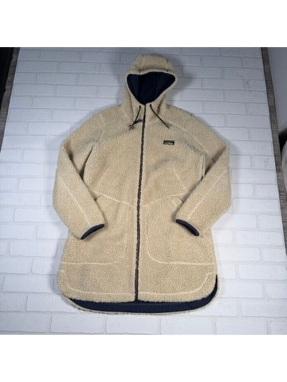 LL Bean Long Pile Sherpa Fleece Hooded Full Zip Parka Jacket Womens Large Cream